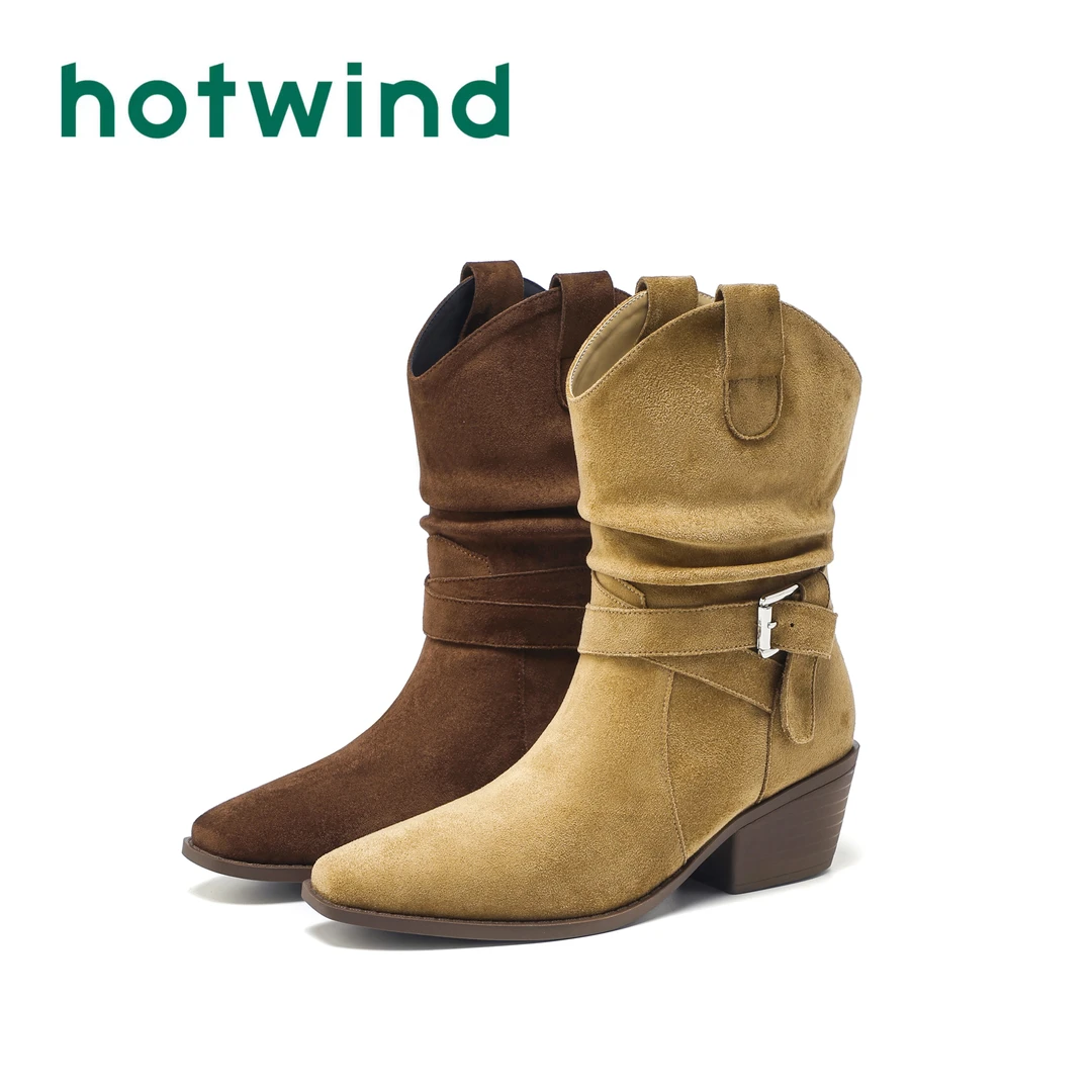 Hotwind/热风褶皱堆堆靴2025秋冬新款休闲百搭粗跟时尚显瘦短筒靴