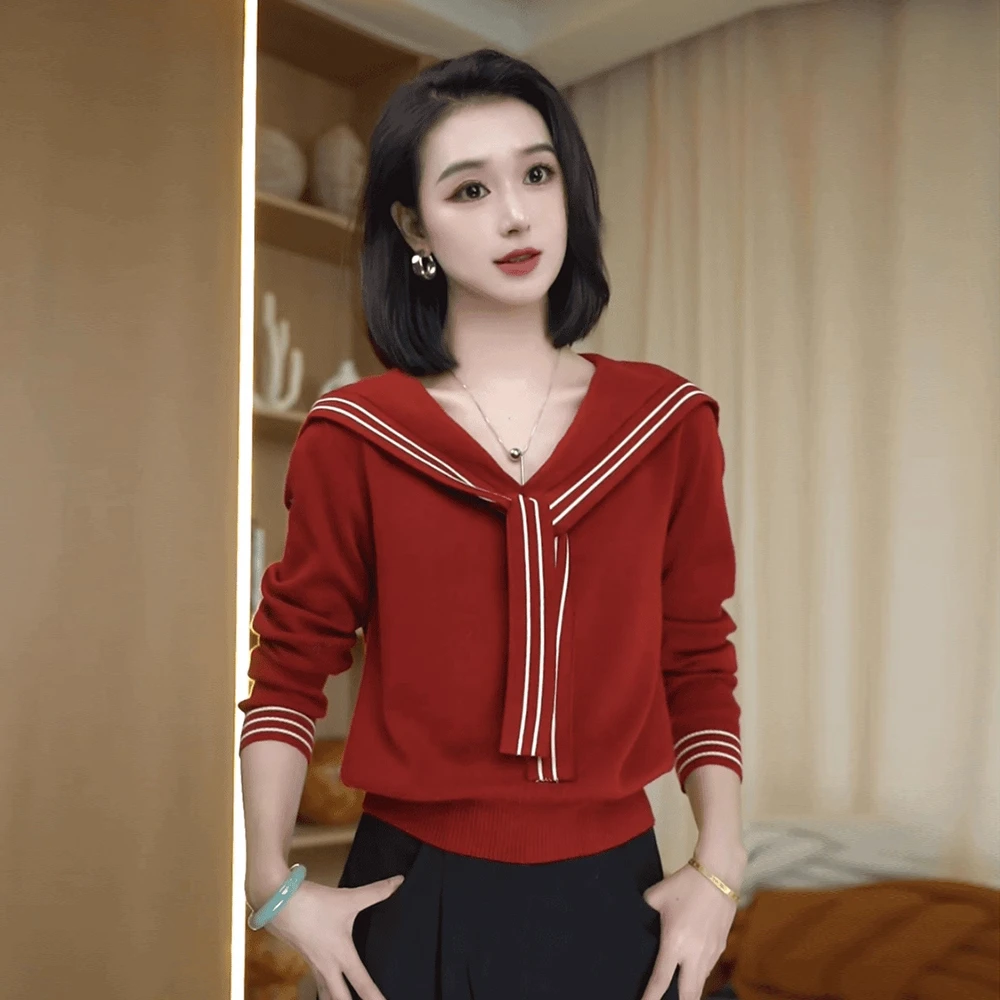 时尚针织衫女2025秋季新款设计感减龄显瘦海军领撞色针织衫上衣潮