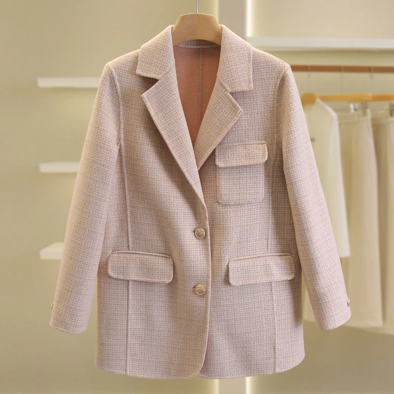 【伍莎-自营】西装领格纹宽松单排扣双面呢外套#PSM48B025