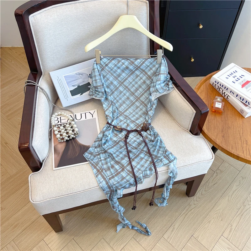 实拍~不规则飘带格子网纱一字领上衣2025新款收腰显瘦露肩上衣