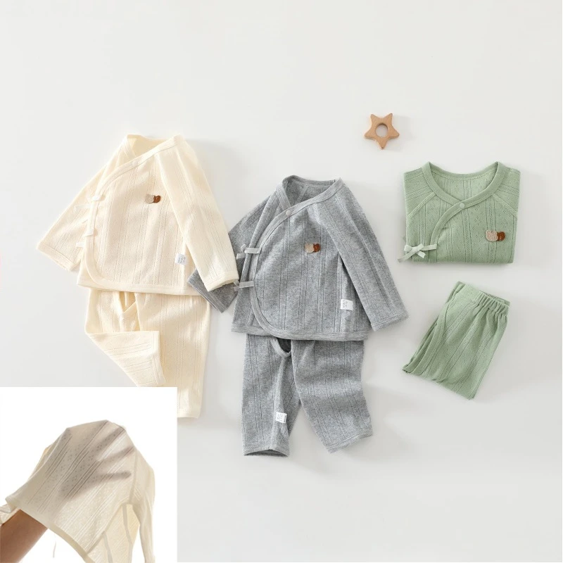 【提花网孔超透气】100%棉轻薄夏款婴儿套装A类无骨新生儿开裆裤衣