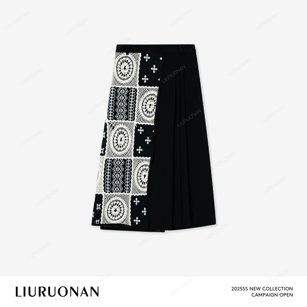 LIURUONAN 25SS【蕾丝贴布半裙】立体刺绣拼接百褶高腰A字半身裙女