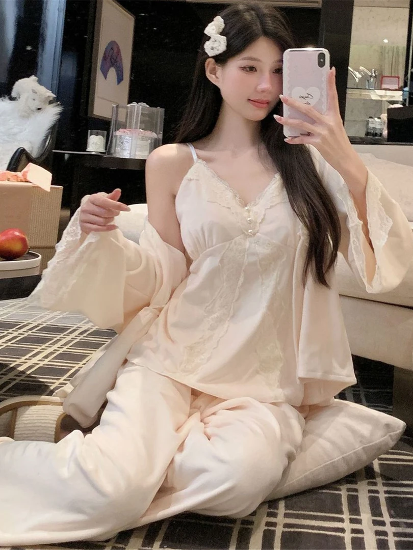 秋冬新款女士海岛绒睡衣三件套性感吊带长袖加厚保暖双面绒家居服