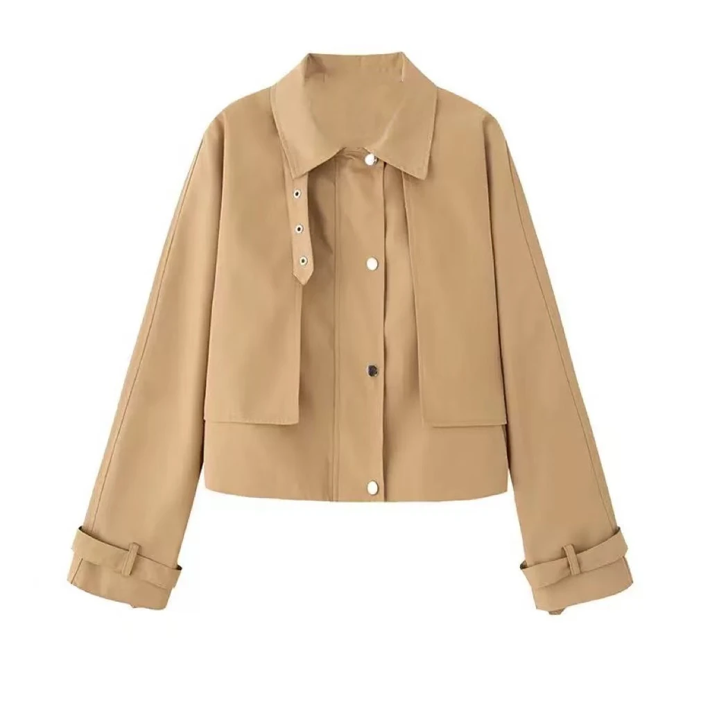 210#新款高级感翻领短款长袖风衣女修身外套