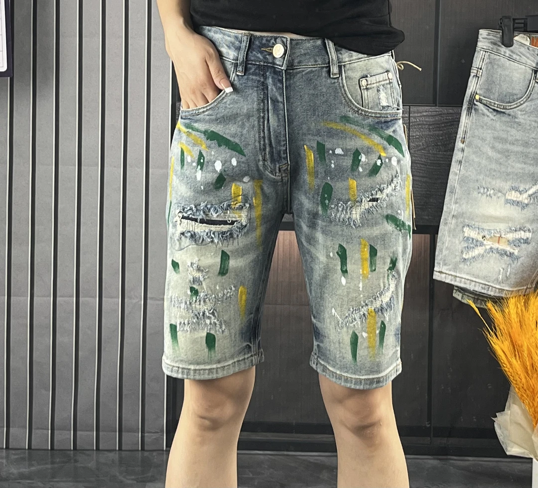 欧货潮牌假破洞牛仔裤短裤夏季直筒修身薄款五分裤泼墨个性中裤男