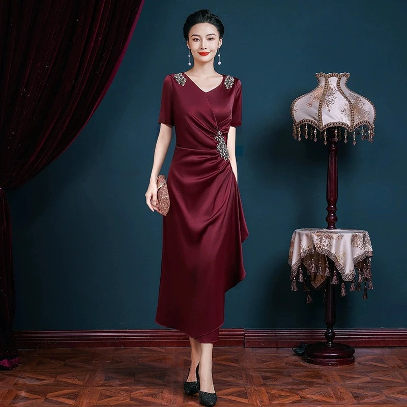 春夏高贵气质喜婆婆婚礼宴会礼服大码修身妈妈年轻长款高端连衣裙