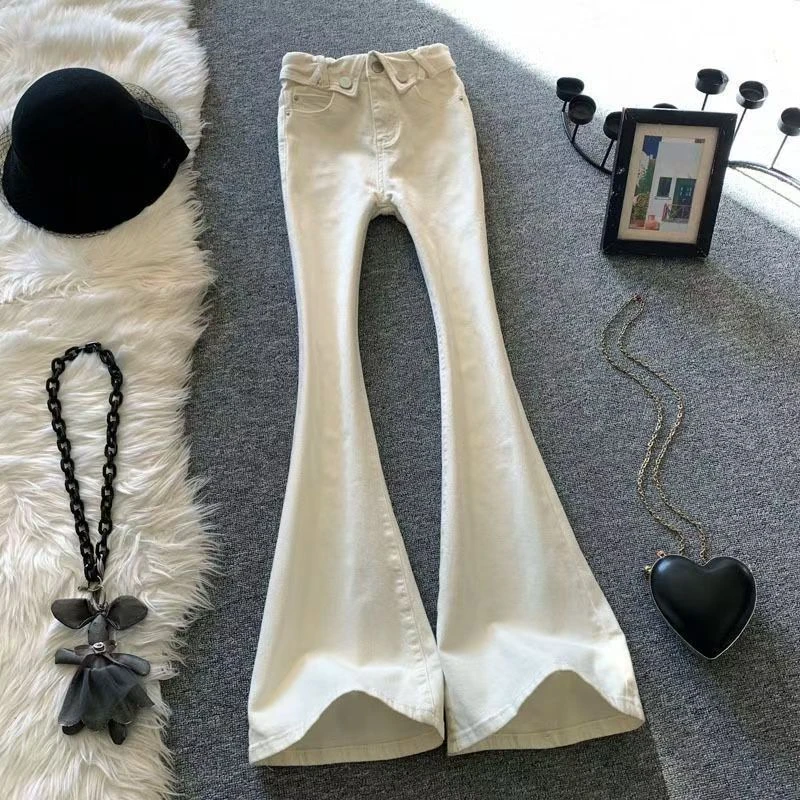 米白色微喇牛仔裤女秋冬2025新款翻边高腰设计感显瘦小个子马蹄裤
