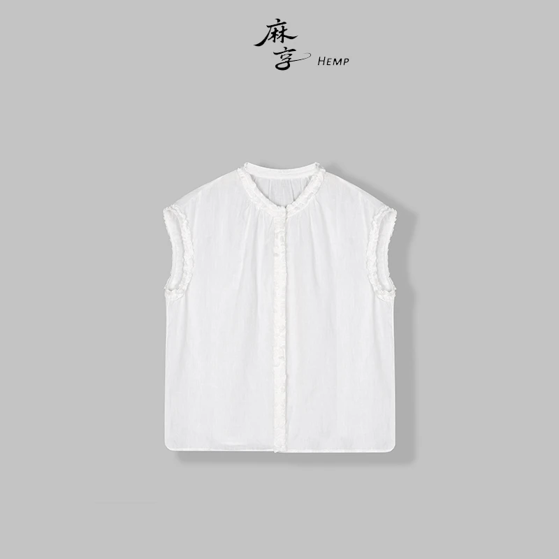 【压褶花边衬衫】60支纯汉麻气质休闲木耳边藏青上衬衣FSY50660