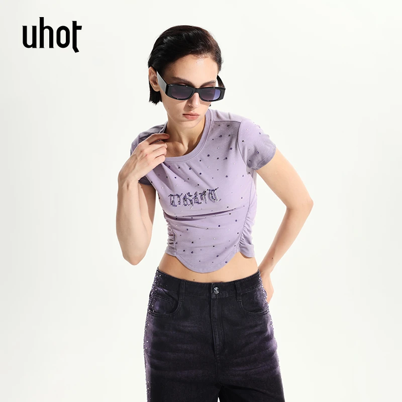 UHOT 紫/灰色烫钻喷绘工艺美式复古做旧感抽褶显瘦T恤女UWWR2T442