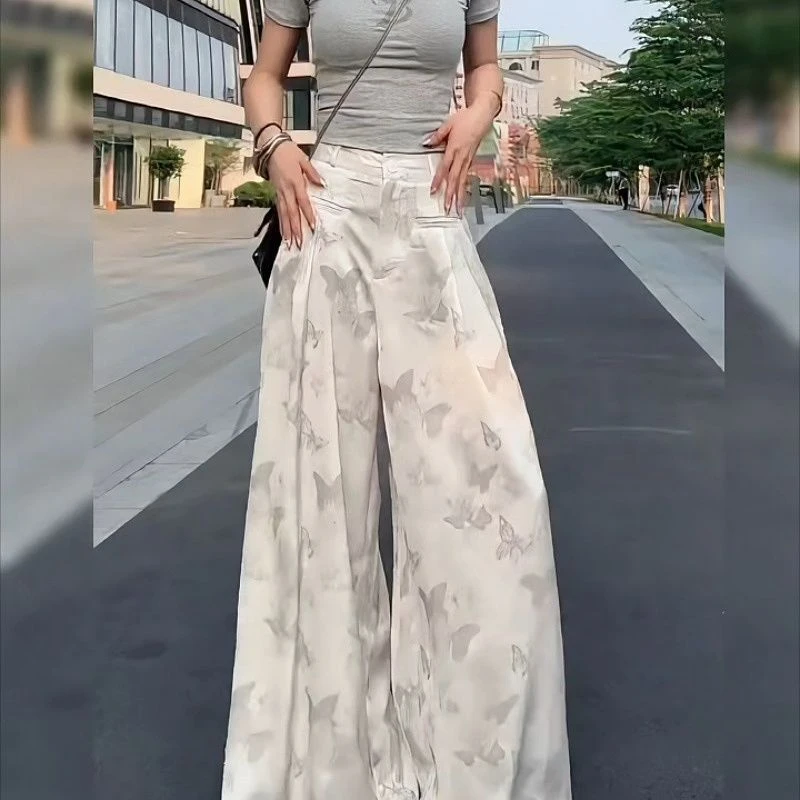 【1703人收藏】韩版百搭高街蝴蝶阔腿休闲裤女2024年夏季新款超薄显