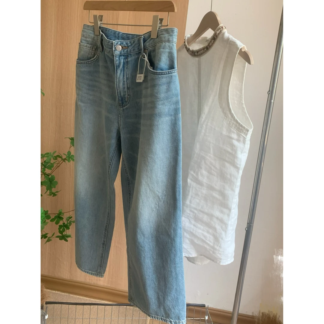 【十年磨一剑】高腰显瘦浅蓝色九分牛仔裤水洗无弹牛仔裤百搭裤子