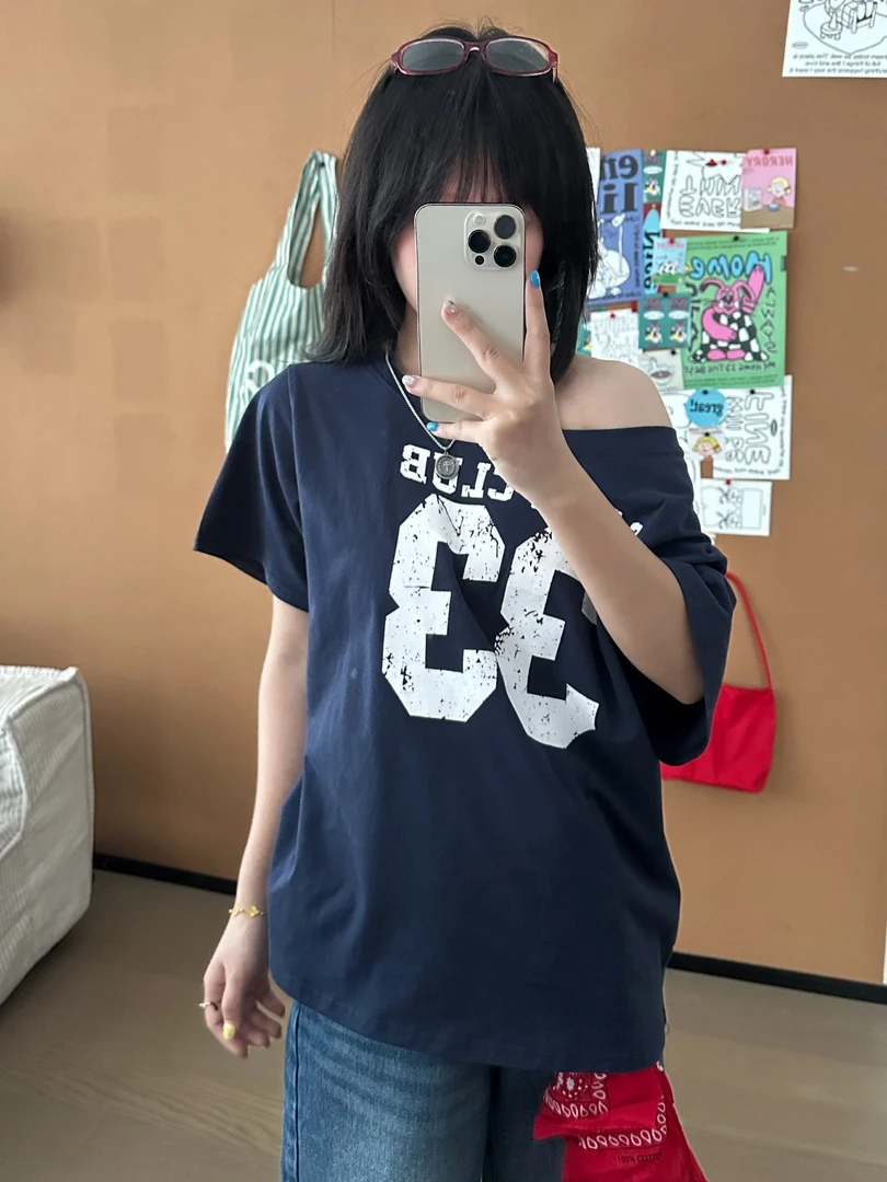 半袖日系慵懒风短袖ins印花一字领小众常规款T恤时尚