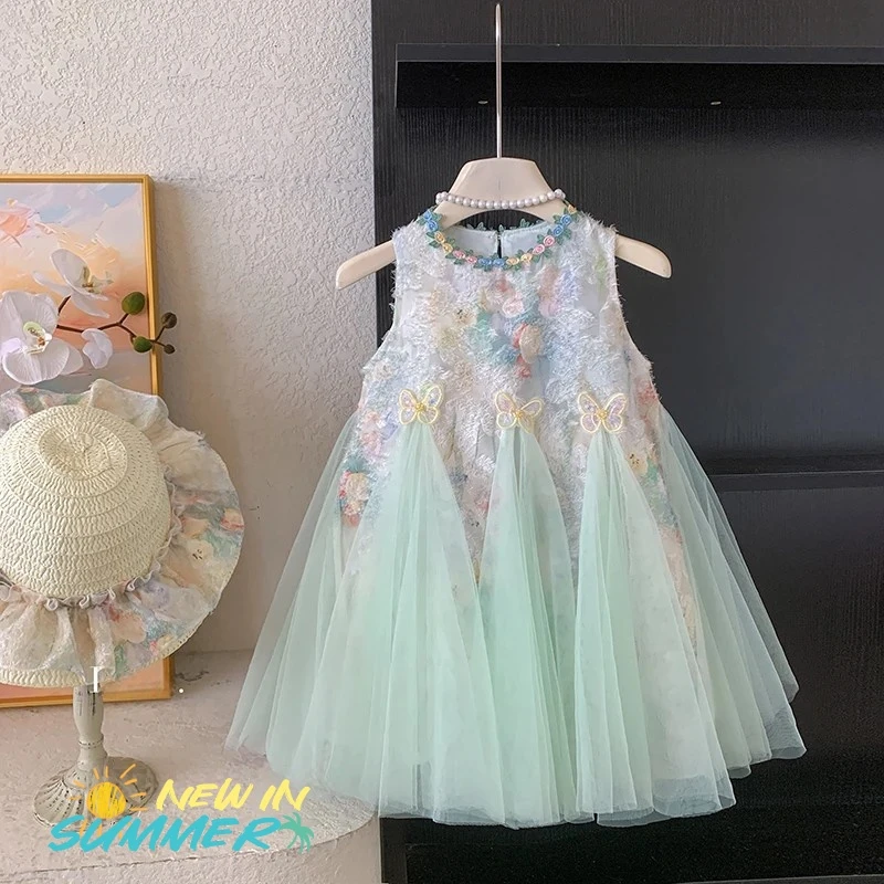 2025女童夏季新款连衣裙无袖洋气公主裙小女孩超仙花卉纱裙子