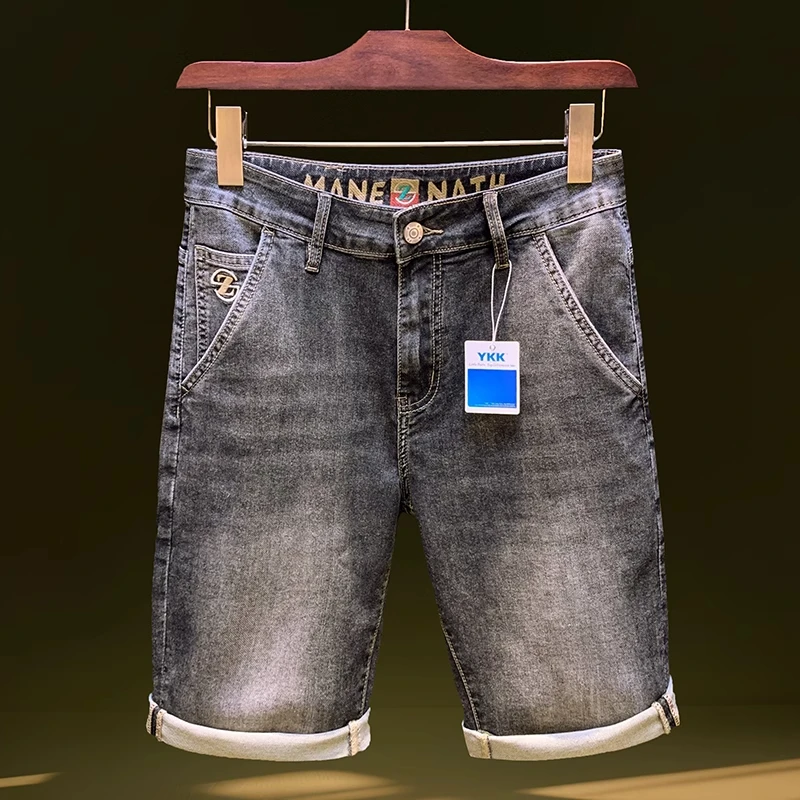 Cebrodz夏季弹力休闲短裤男潮流水洗复古擦色牛仔五分裤高端绣花