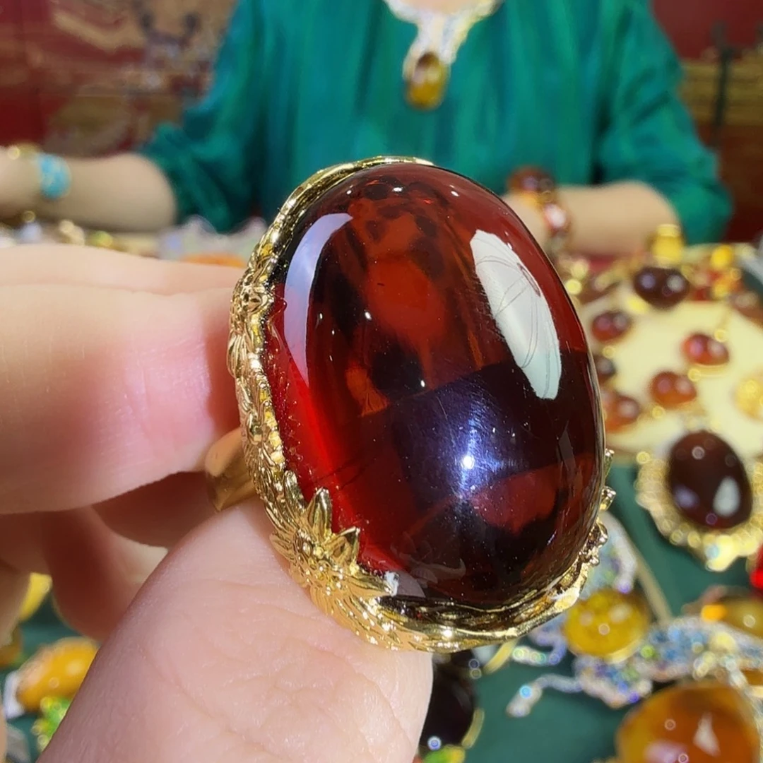 琥珀银S925镀金镶嵌戒指