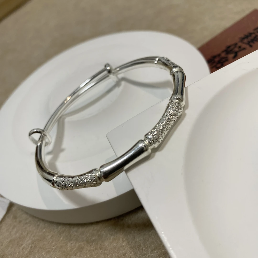 足银手镯 824 竹节实心推拉五节竹子手镯