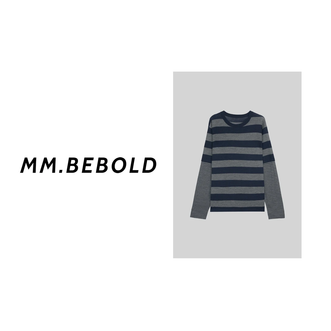 【妙姐精选】澜港 羊毛100 假两件条纹拼接针织衫LJL258228