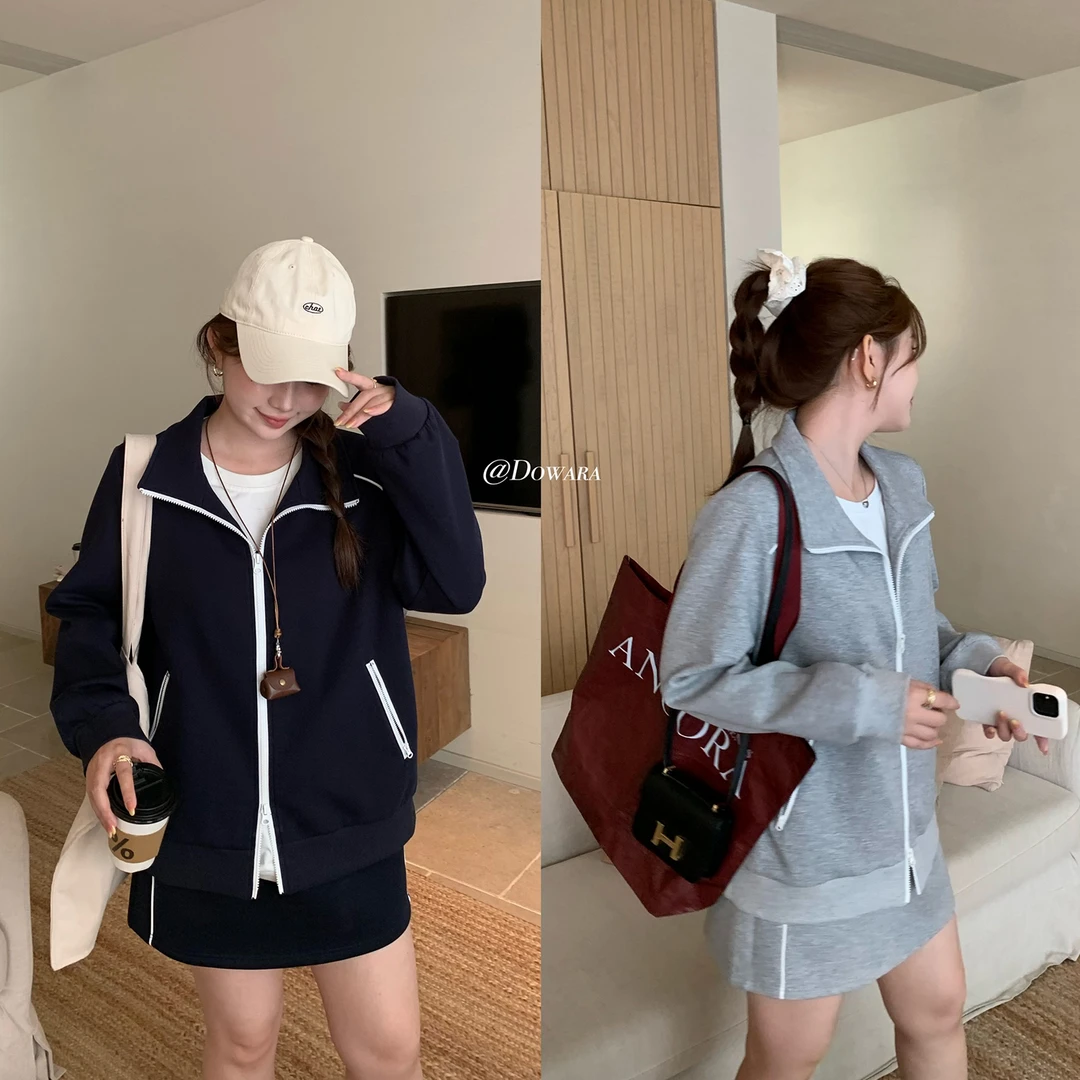 现货大婉酱微胖定制2025早春休闲运动套装外套短款A字半身裙6524D