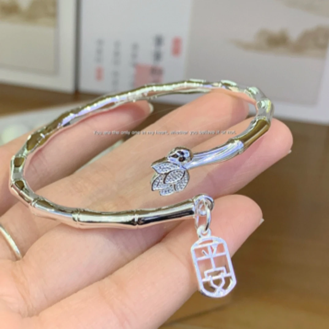 足银手镯 平安竹莲9999足银手镯女士年轻款开口手环实心竹节莲花