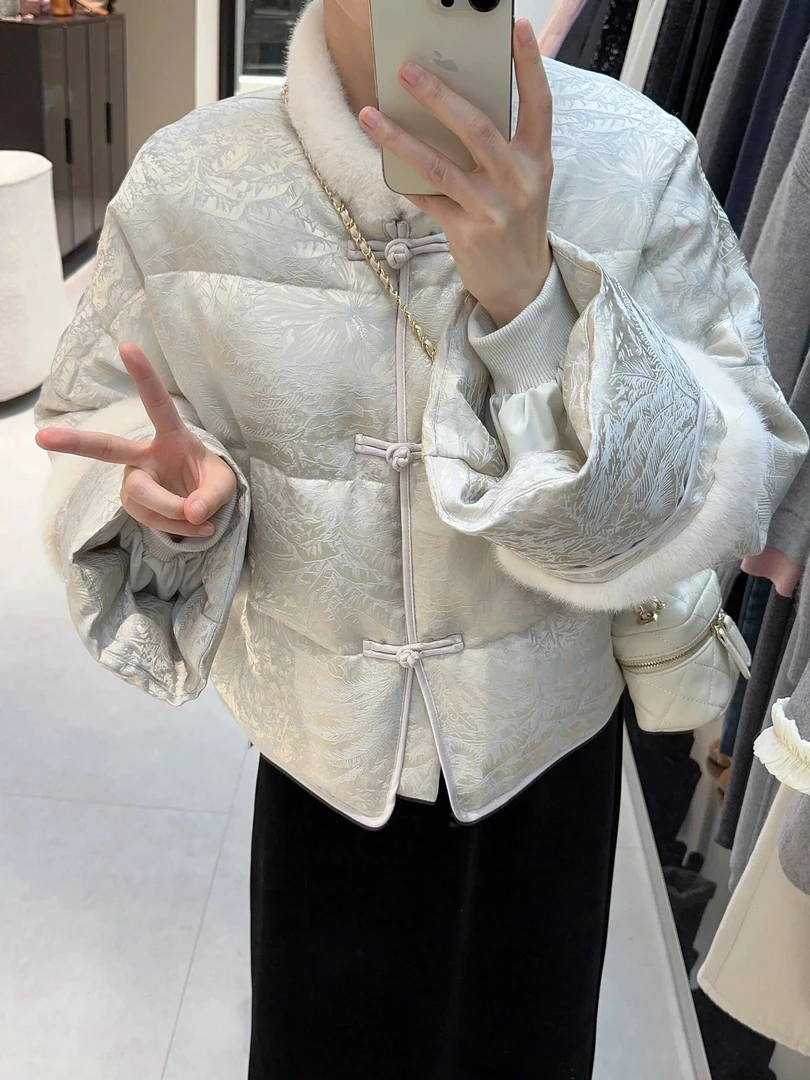 新中式毛绒领盘扣小个子白鸭绒羽绒服女短款国风提花外套