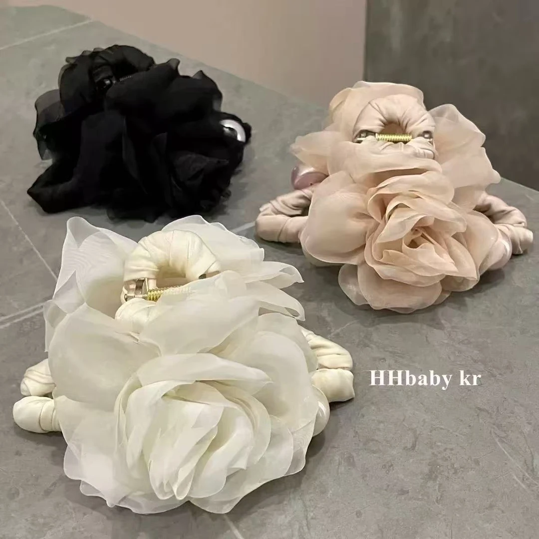 云雾玫瑰花朵发夹女后脑勺超仙新款抓夹森系鲨鱼夹高级感精致发饰