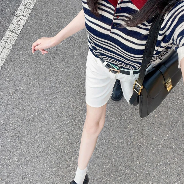 日系复古宽松条纹Polo领短袖T恤女2025夏季时髦别致撞色套头上衣