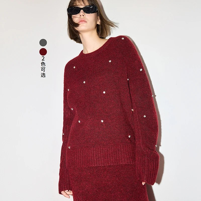 LILY冬季新款雅丹风手工钉钻慵懒宽松显瘦女装针织衫124419TK980