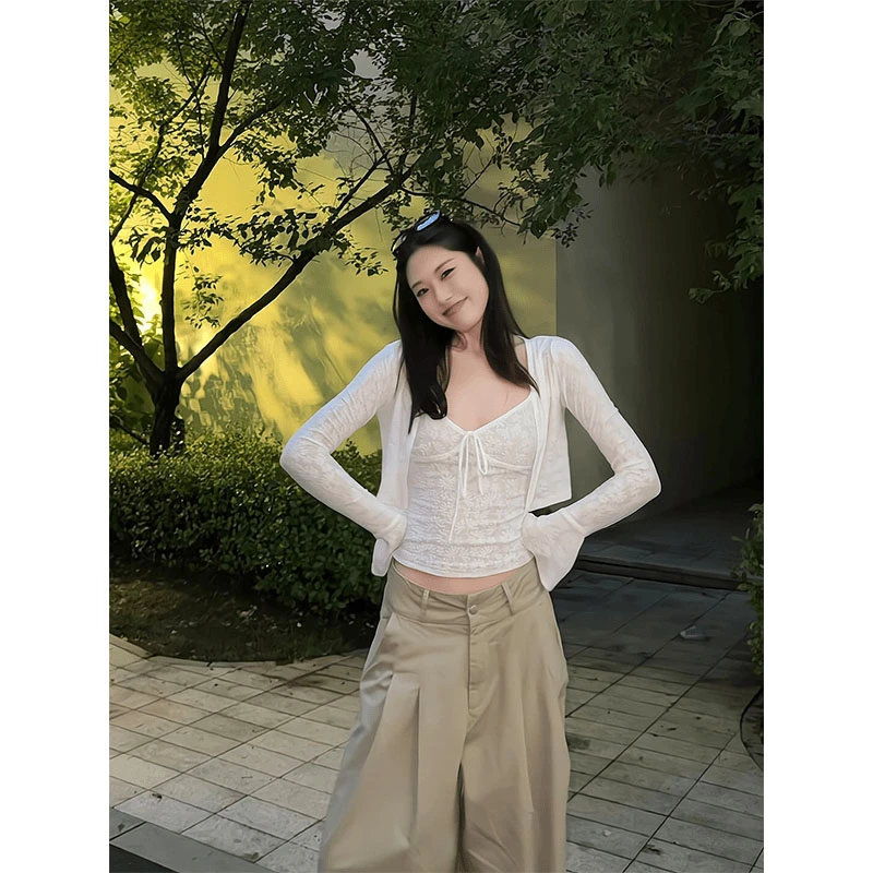 2026新款女士夏季纯欲风提花蕾丝吊带修身显瘦开衫高腰宽松阔腿裤