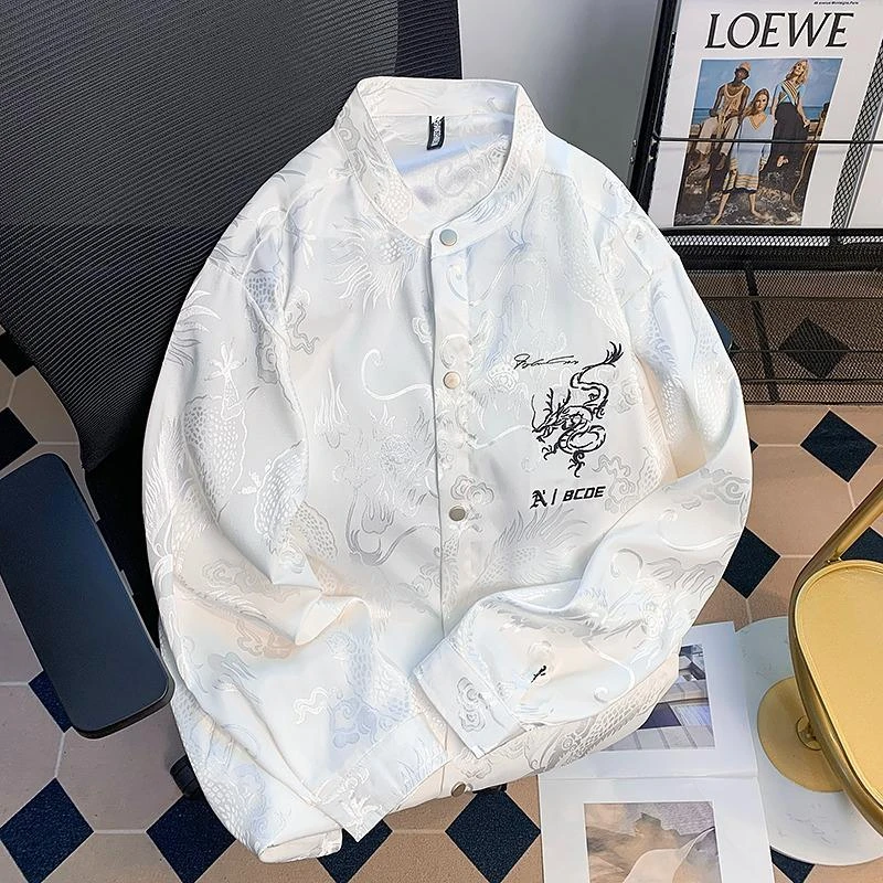新中式男生龙纹刺绣长袖衬衫外套男秋季国潮美式高级感复古中国风