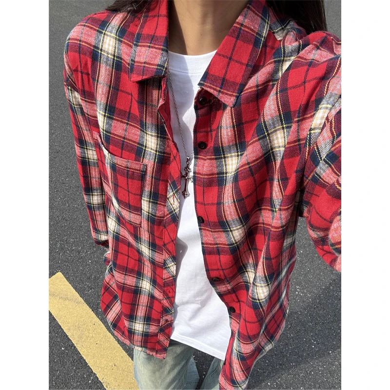 酒红色格子衬衫男女款夏季美式情侣长袖衬衣vintage潮牌防晒外套