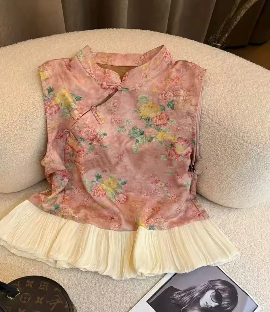 【MM专属】2025夏季提花时尚洋气拼接复古盘口气质洋气减龄上衣女