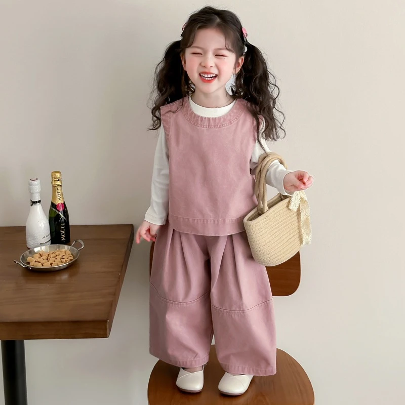 女童春装马甲三件套2025新款时髦工装裤套装春秋儿童长袖宽松衣服