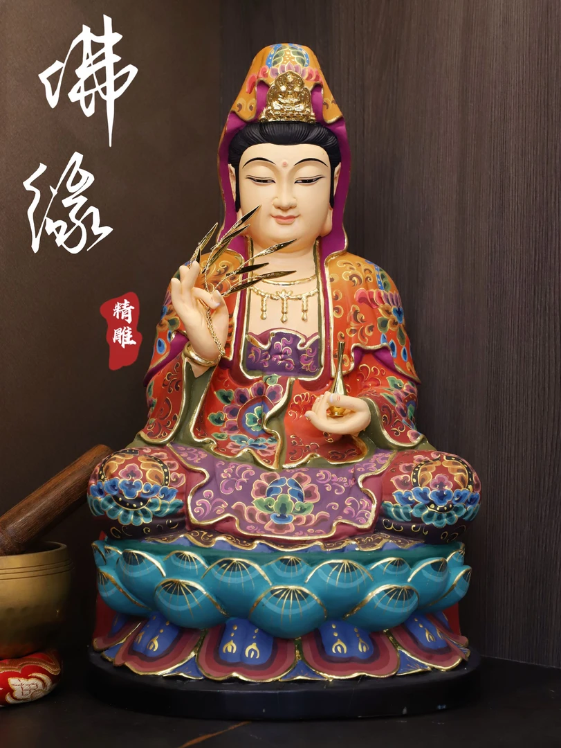 观世音菩萨纯手工香樟木雕彩绘观音菩萨坐莲佛像家用客厅摆件木雕