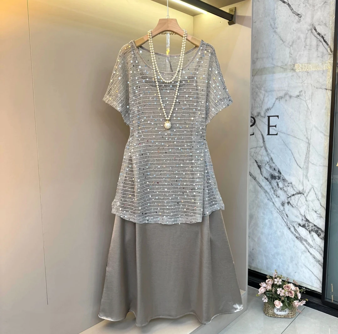 针织亮片上衣吊带连衣裙两件套装胖mm2025夏季款显瘦宽松大码女装