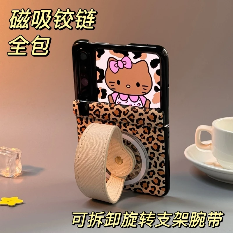 适用华为PuraX手机壳磁吸铰链全包可拆卸豹纹腕带支架折叠保护壳