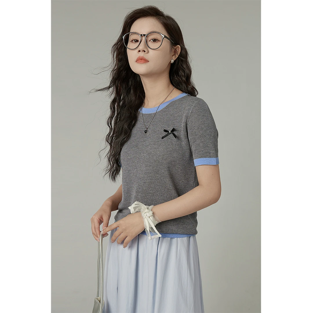 「纹彩复雅」撞色针织衫女2025年夏季新款复古气质短袖上衣25760