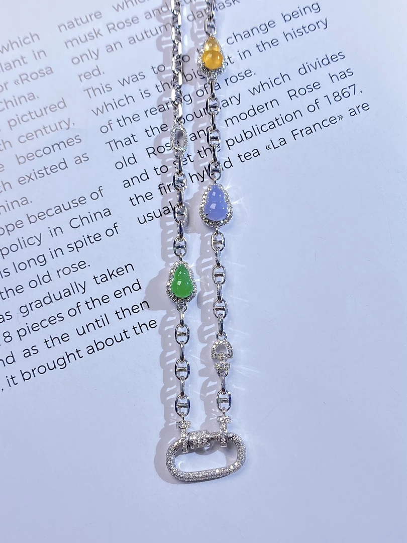 点石翡翠新款-18K金镶嵌三色紫绿葫芦翡翠猪鼻链坠链回形针项链