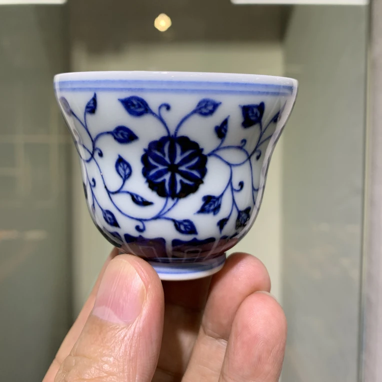 昀溪山房景德鎮手绘青花缠枝莲折腰杯75cc