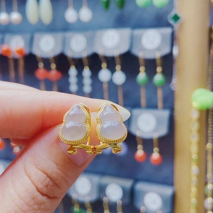 和田玉银S925镀金镶嵌耳饰