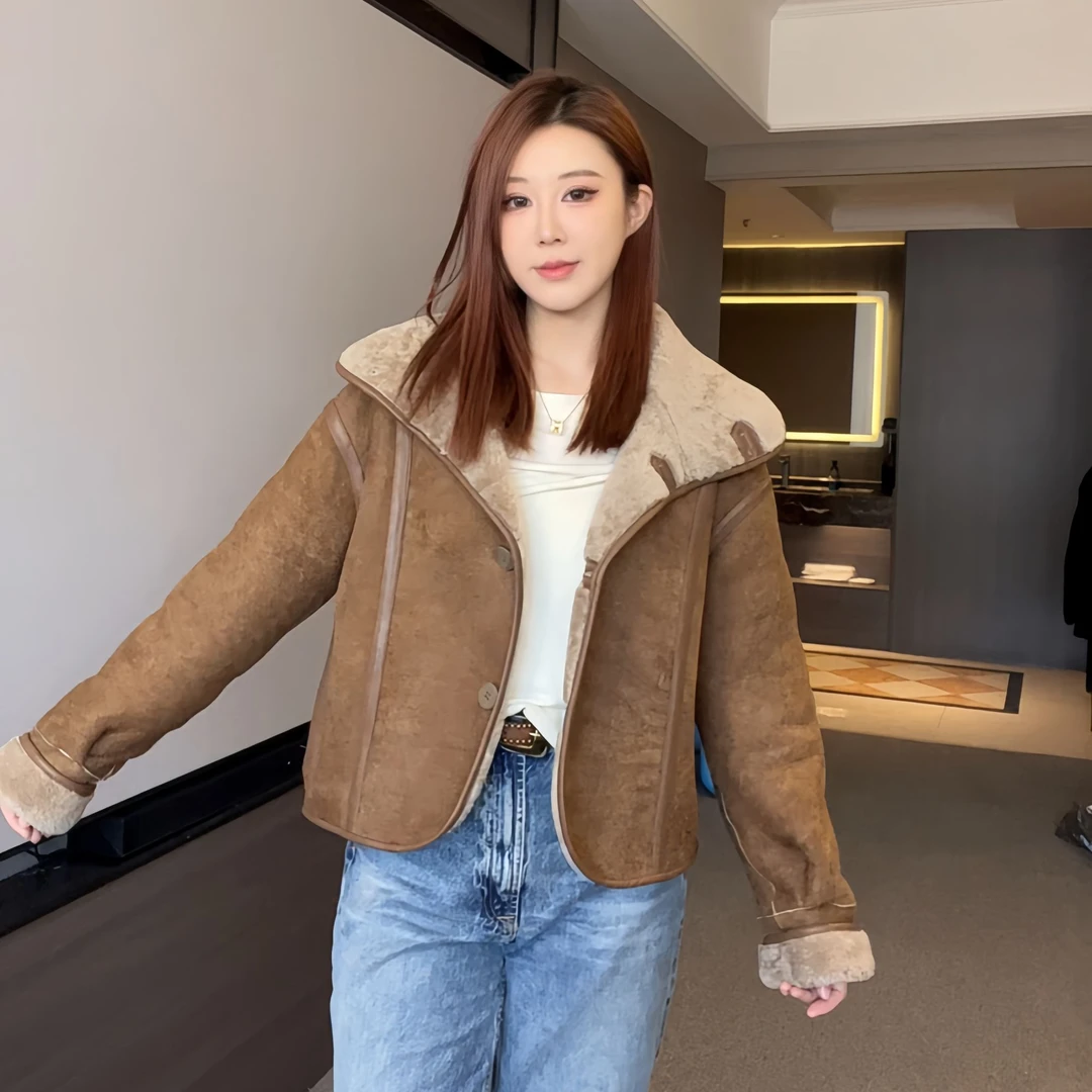 YYJL2559皮毛一体外套女短款两面穿真皮羊羔毛机车单排扣皮草潮