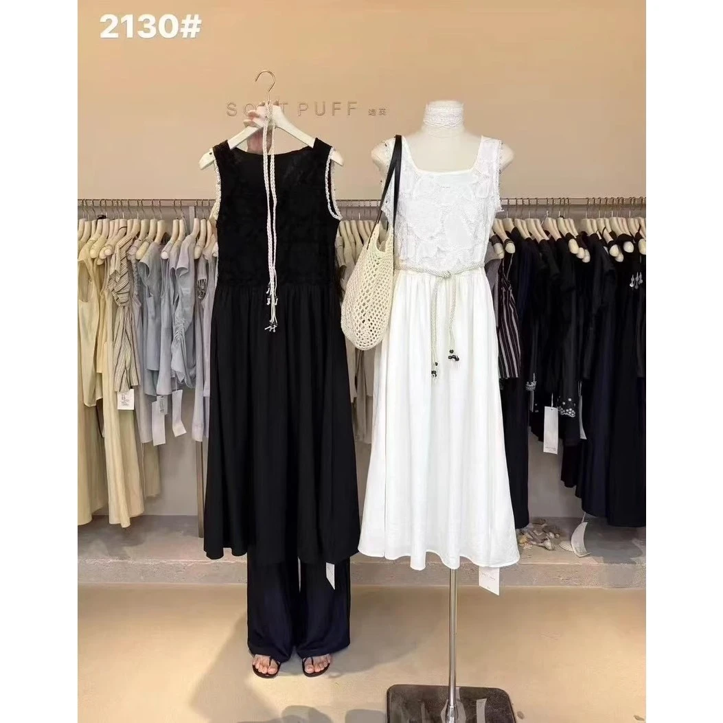 套头裙子长裙背带拼接中腰刺绣气质法式蕾丝11白色夏季连衣裙黑色