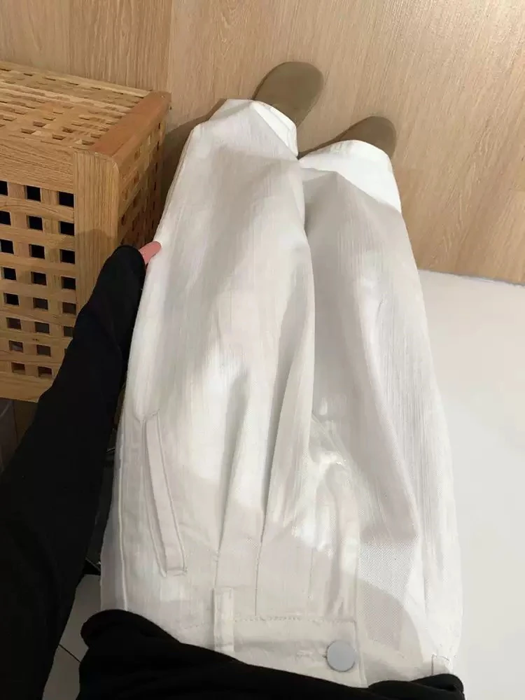 韩系白色压褶直筒牛仔裤女秋季高腰宽松垂感休闲百搭阔腿拖地裤子