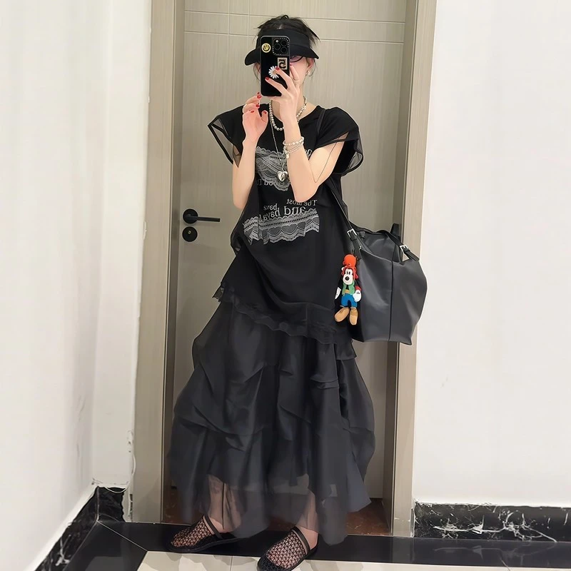 2025超火夏装套装网纱蕾丝短袖恤小众设计褶皱半身裙洋派两件套