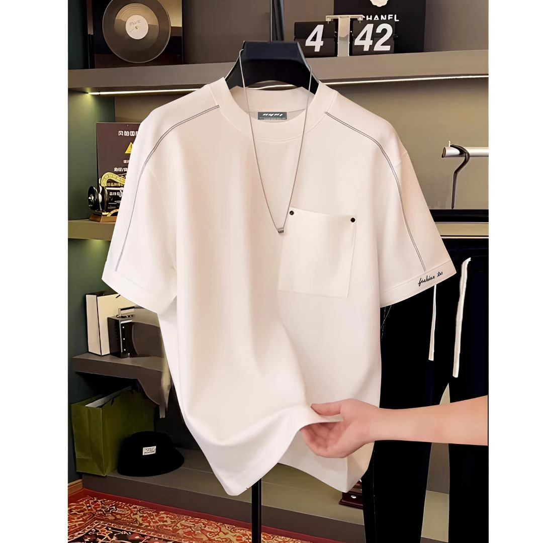 夏季新品原创小刺绣短袖男轻奢宽松ins潮流简约透气T恤男半袖上衣