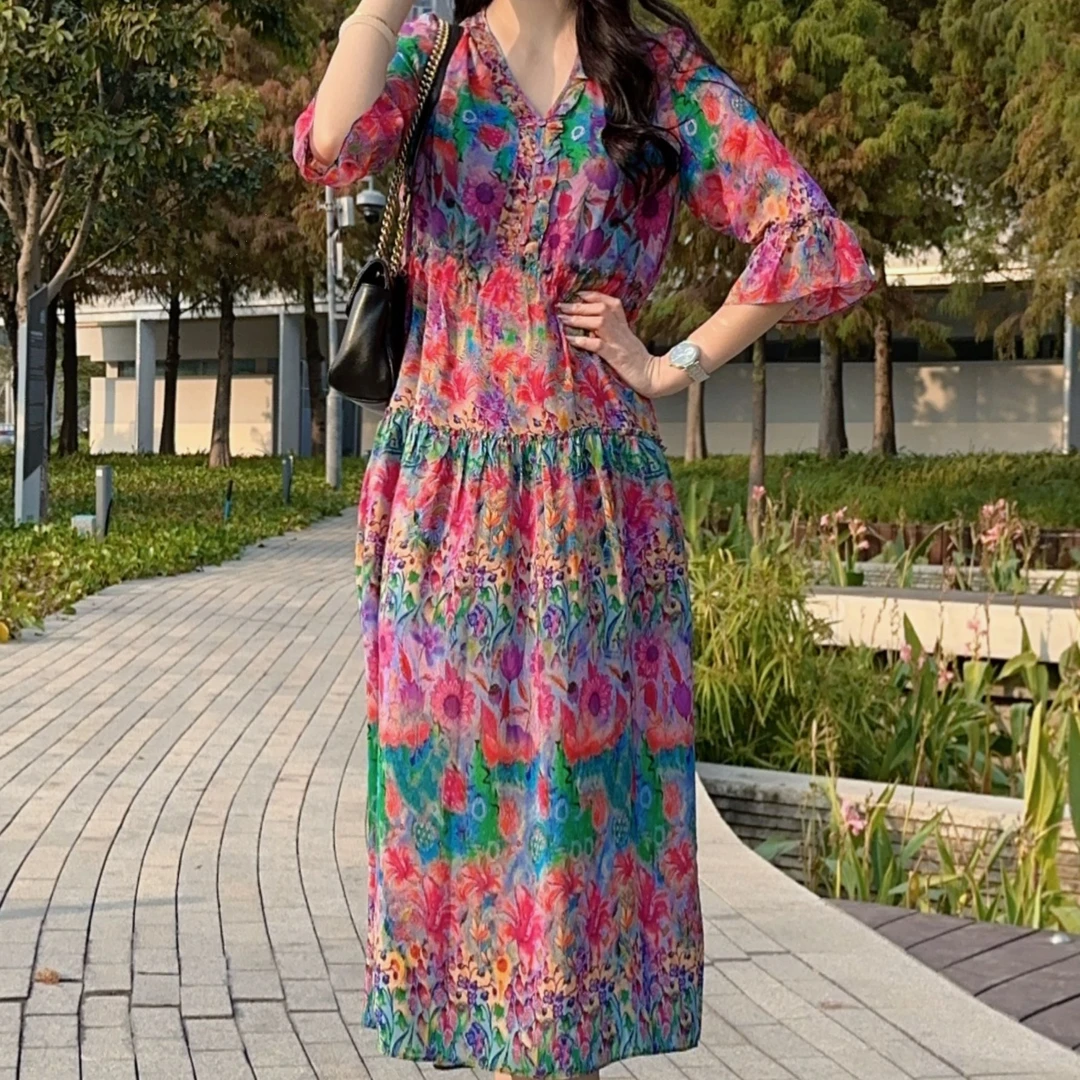 【2567花季时光】25年新款贵气印花显瘦桑蚕丝气质修身连衣裙长115