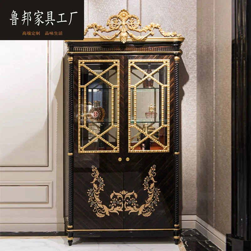 亚历山大实木酒柜木皮拼花贝壳镶嵌双门酒柜展示柜