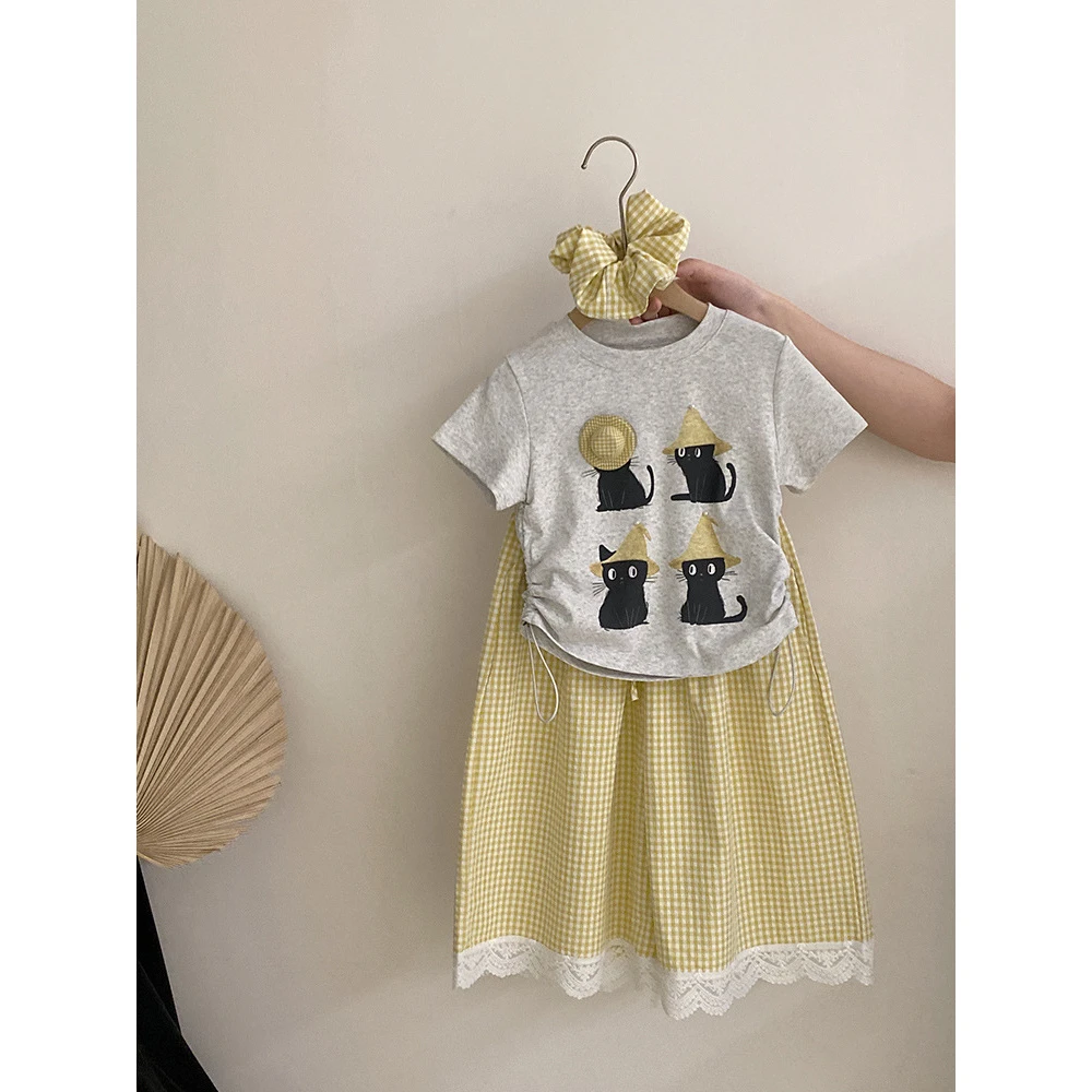 【送发圈】女童韩版卡通印花猫咪短袖T恤格子花边休闲阔腿裤两件套