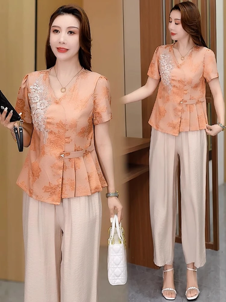 时尚套装女2025夏季新款洋气重工钉珠刺绣短袖衬衫阔腿裤两件套潮