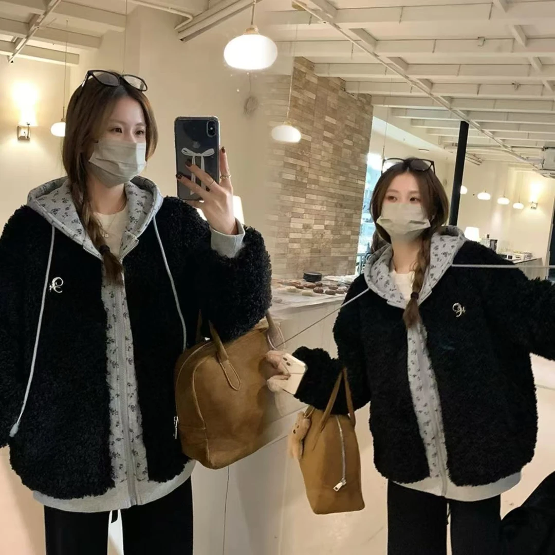 假两件连帽女冬季朋克长袖INS风短外套时尚拼接宽松保暖加棉外套