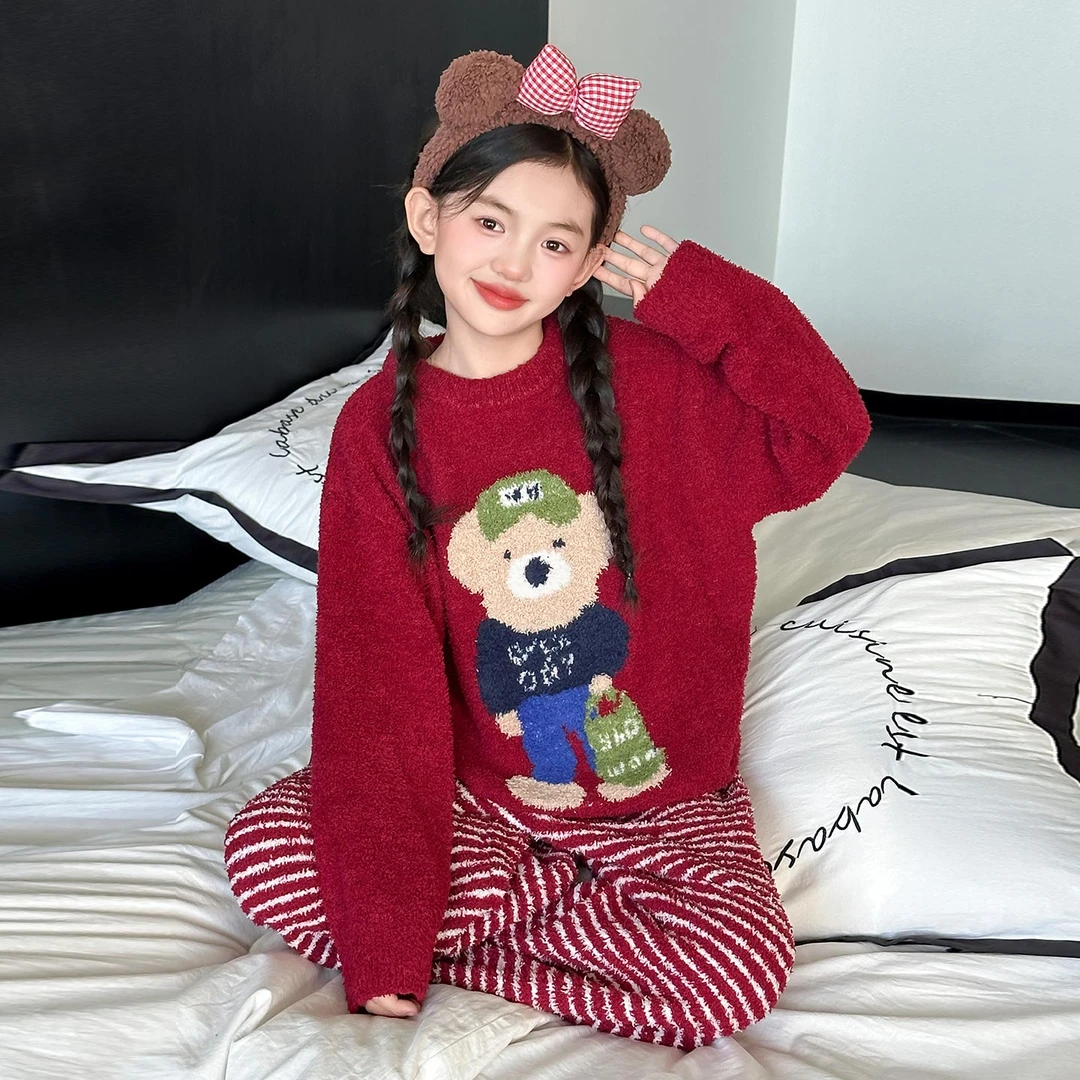 女童红色睡衣冬款女孩半边绒套装大儿童秋冬季法兰绒卡通家居服潮